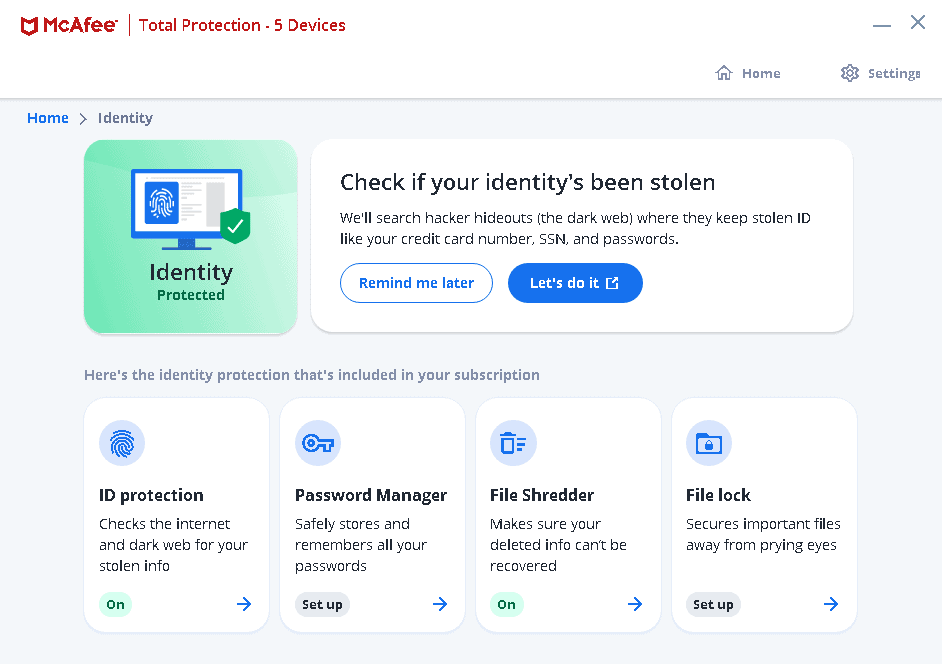 McAfee Identity Protection Menu McAfee Identity Protection Menu