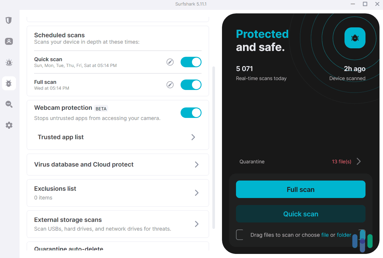 Surfshark Antivirus lets you perform multiple types of scans. Surfshark Antivirus lets you perform multiple types of scans.