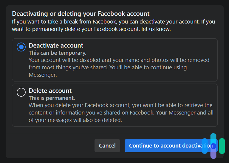 Deactivating or deleting a Facebook account Deactivating or deleting a Facebook account