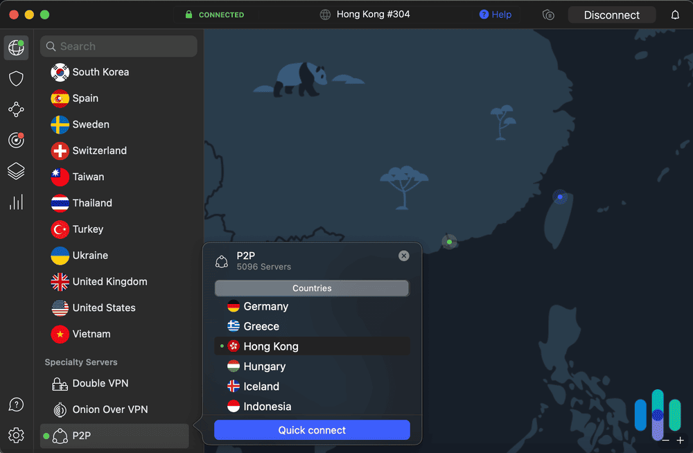 Connected to the Hong Kong P2P server with the NordVPN app Connected to the Hong Kong P2P server with the NordVPN app