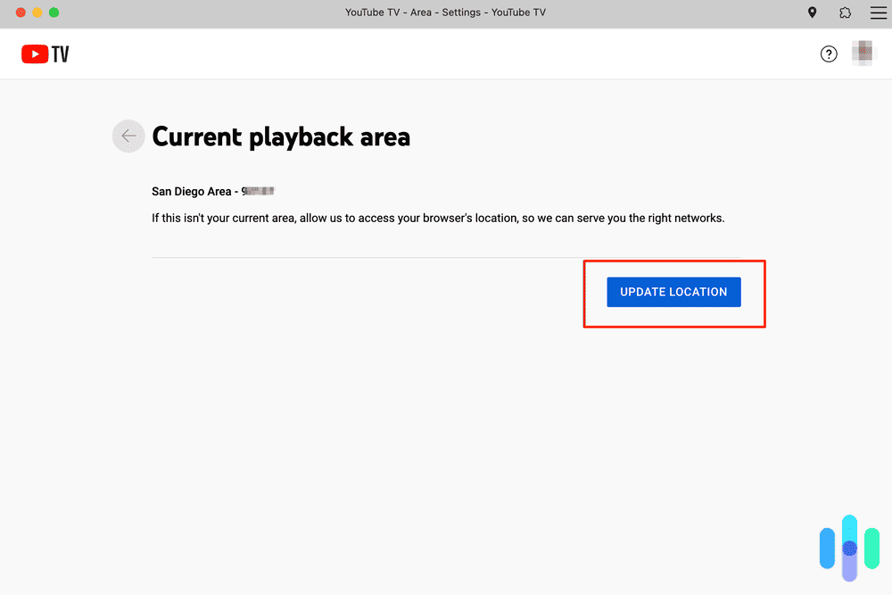 Current playback area setting on YouTubeTV Current playback area setting on YouTubeTV