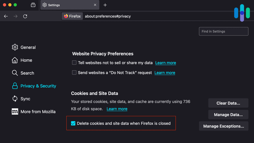 "Delete Cookies and Site Data When Firefox Is Closed" checkbox on Firefox "Delete Cookies and Site Data When Firefox Is Closed" checkbox on Firefox