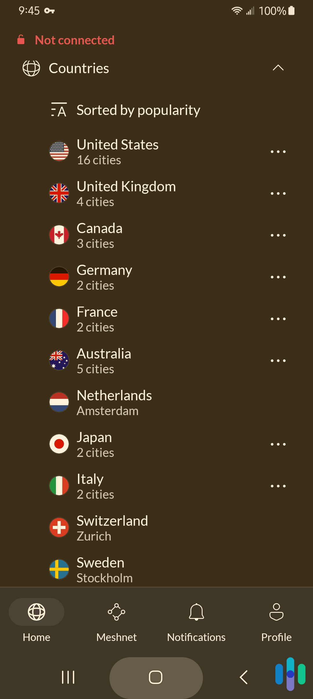 List of available countries on NordVPN Android App List of available countries on NordVPN Android App