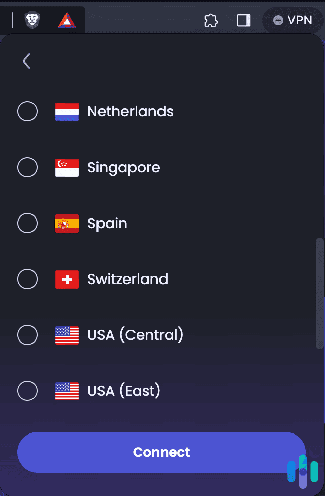 Partial list of Brave’s built-in VPN extension server locations Partial list of Brave’s built-in VPN extension server locations
