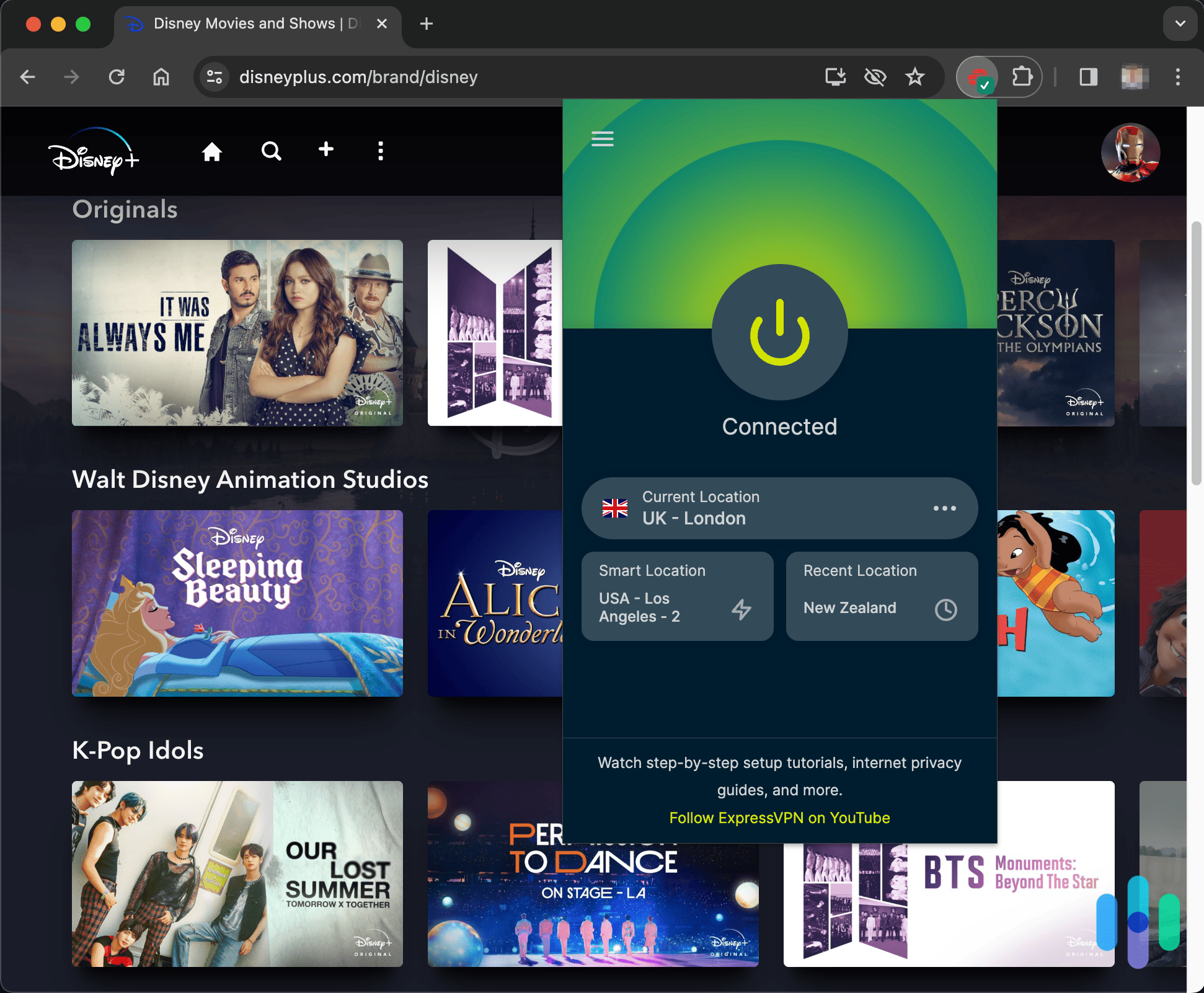 On Disney Plus connected to London, UK using ExpressVPN with the Chrome extension On Disney Plus connected to London, UK using ExpressVPN with the Chrome extension