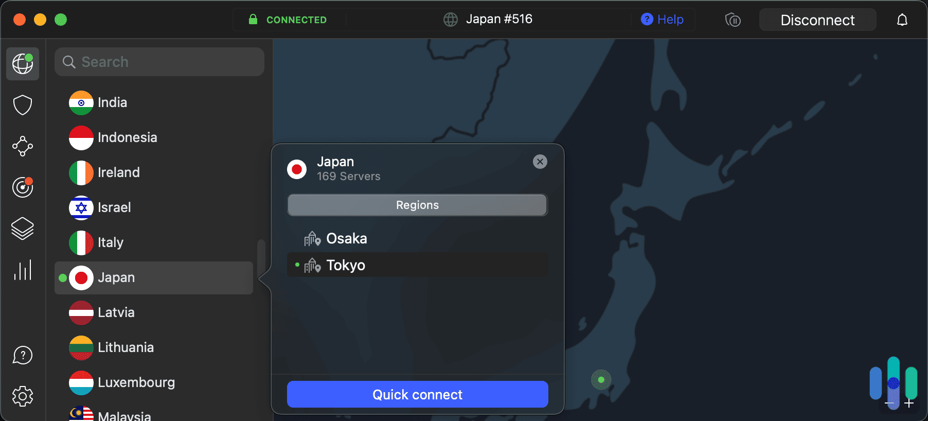NordVPN desktop app connected to a Tokyo, Japan server NordVPN desktop app connected to a Tokyo, Japan server