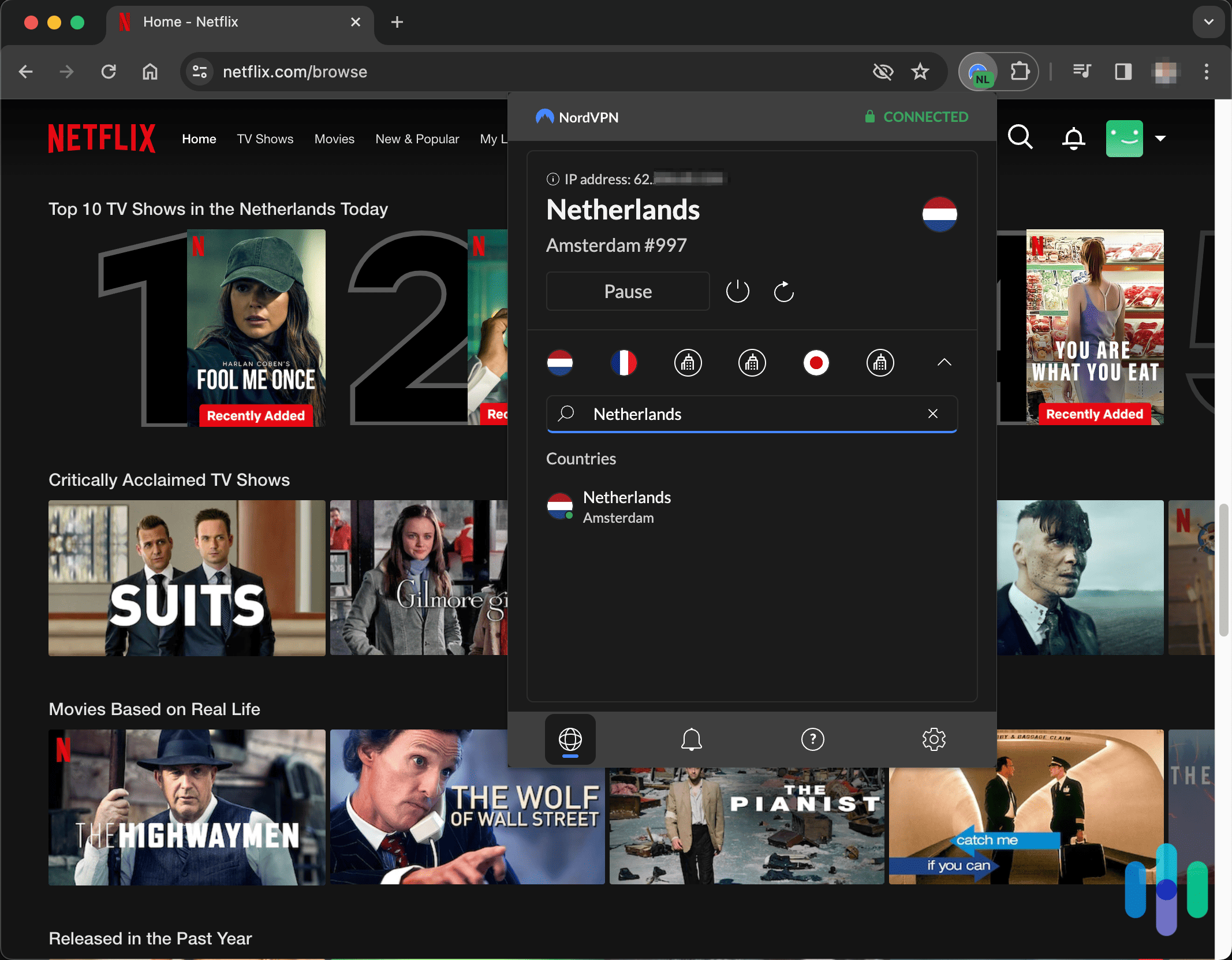 NordVPN Chrome app connected to the Netherlands while browsing Netflix NordVPN Chrome app connected to the Netherlands while browsing Netflix