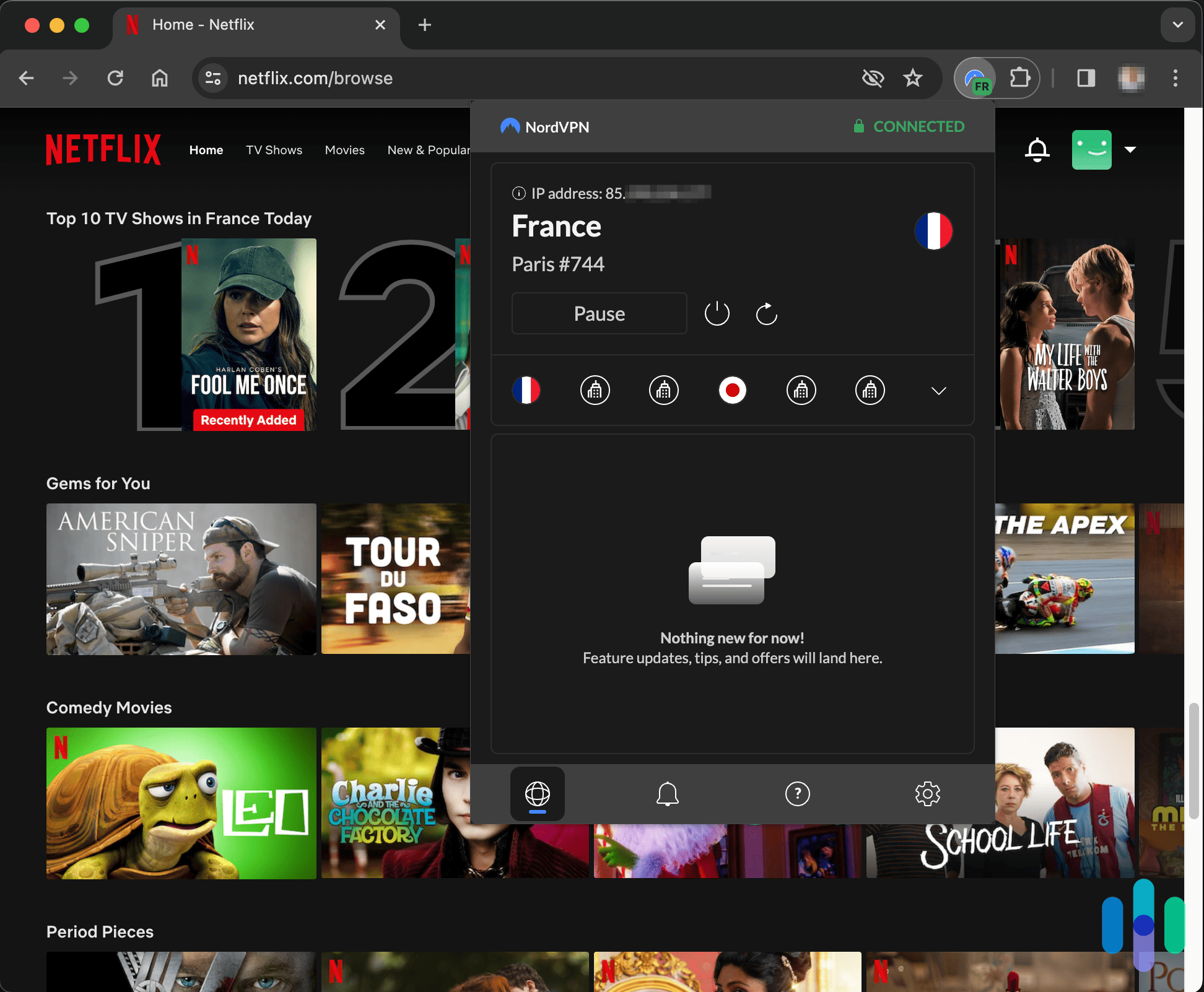 NordVPN Chrome extension connected to France and viewing Netflix NordVPN Chrome extension connected to France and viewing Netflix