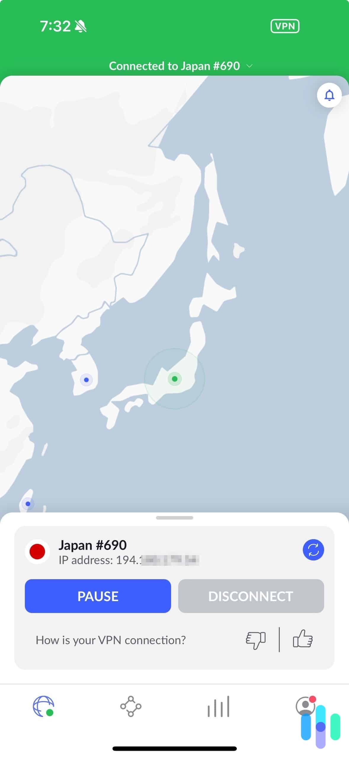 NordVPN iOS app connected to a Japan server NordVPN iOS app connected to a Japan server