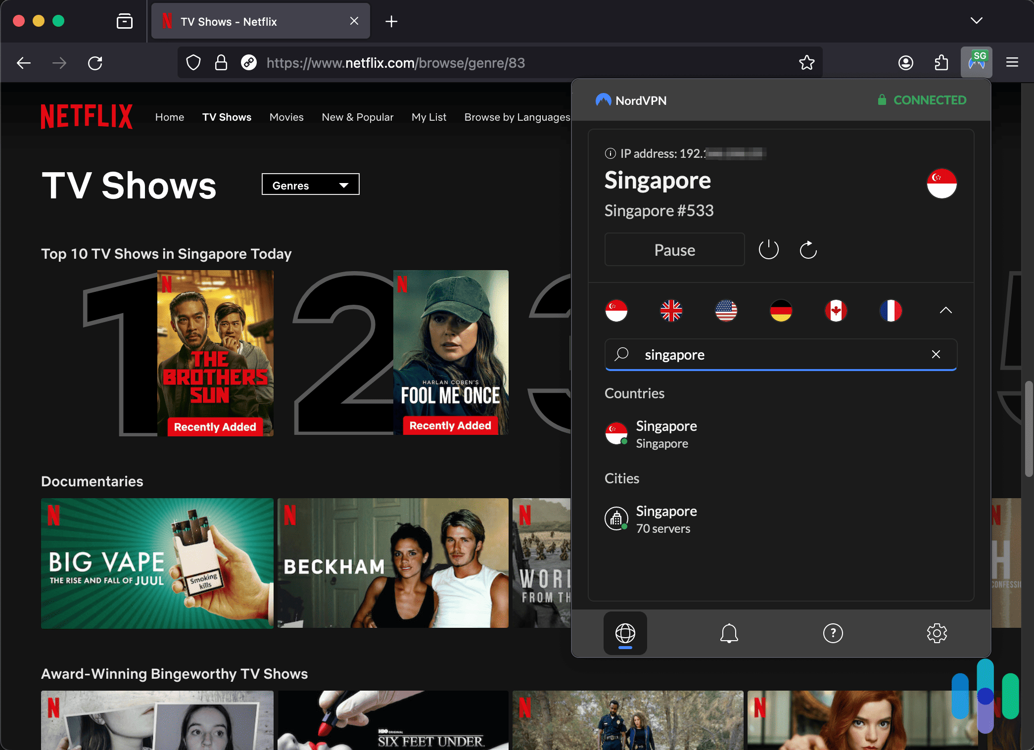 NordVPN with the Firefox extension connected to Singapore while viewing Netflix NordVPN with the Firefox extension connected to Singapore while viewing Netflix