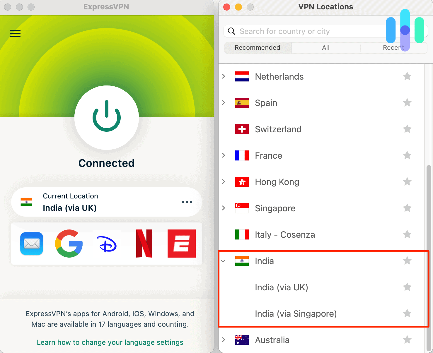ExpressVPN’s India server options ExpressVPN's India server options