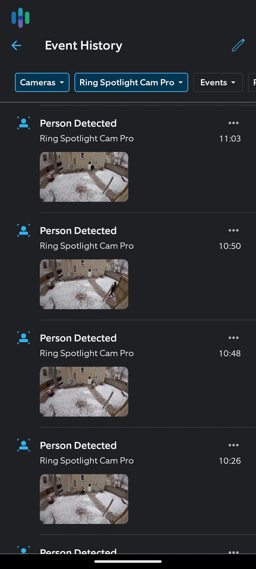 Ring Spotlight Cam Pro event history on the Ring app Ring Spotlight Cam Pro event history on the Ring app