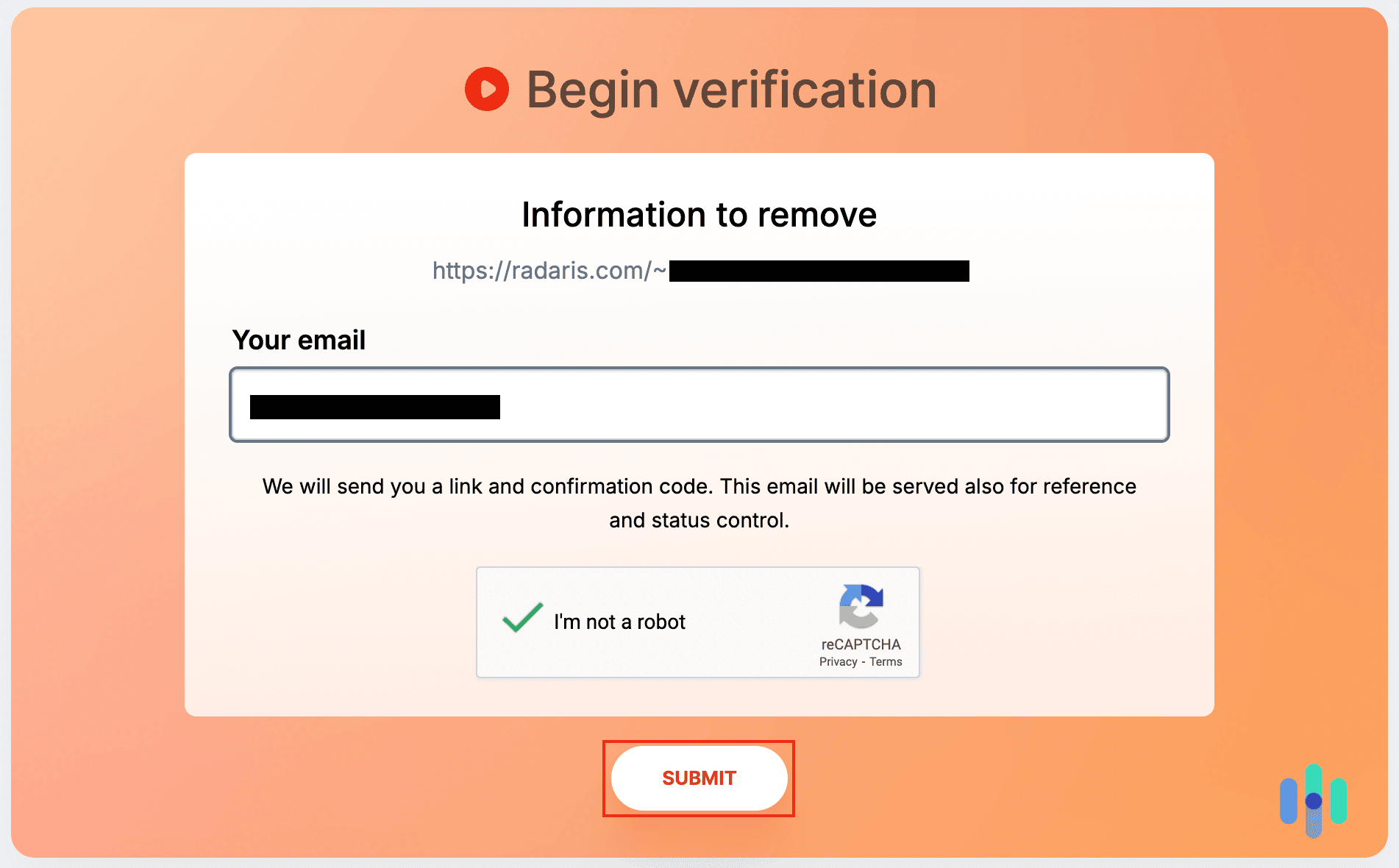Radaris begin verification screen WM Radaris begin verification screen