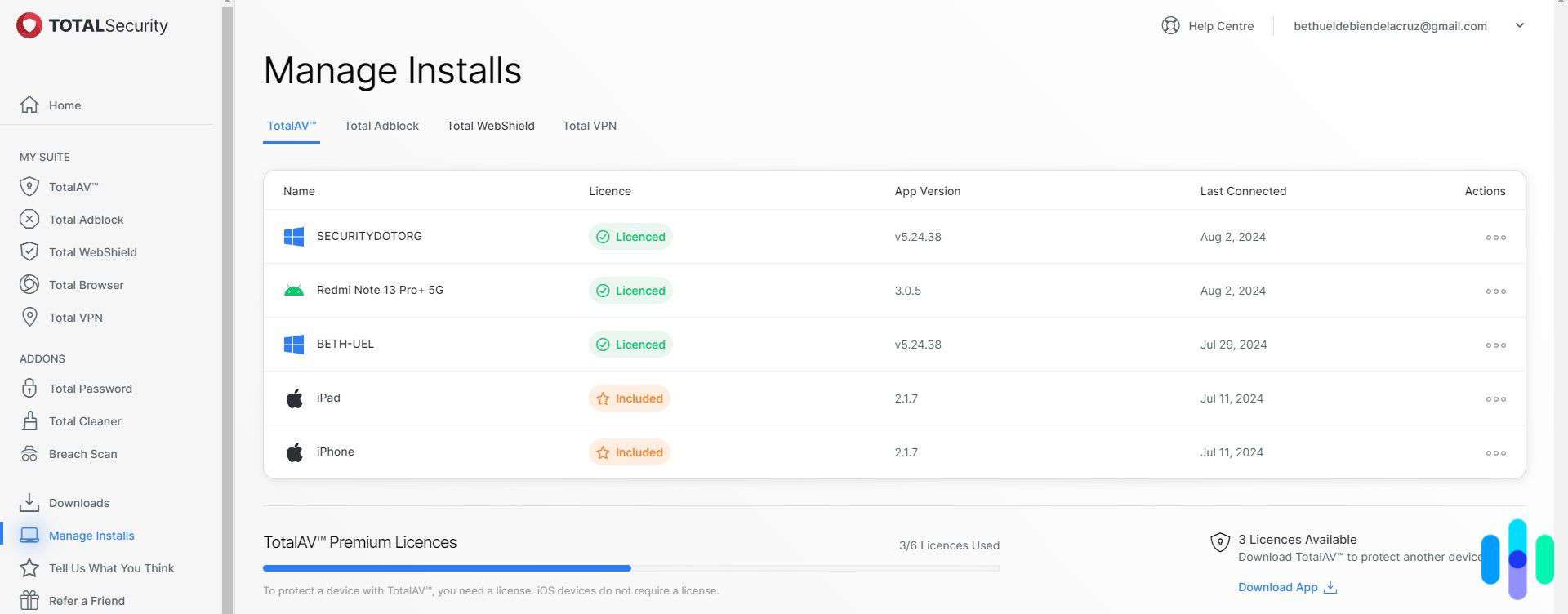 Here s our TotalAV dashboard that shows that shows the devices on which we installed TotalAV; the iPad and iPhone were not counted against our device limit