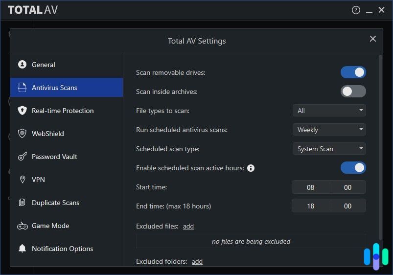 Here s the TotalAV settings page where we did most of the customizations to make sure it gave us enough malware protection Here s the TotalAV settings page where we did most of the customizations to make sure it gave us enough malware protection