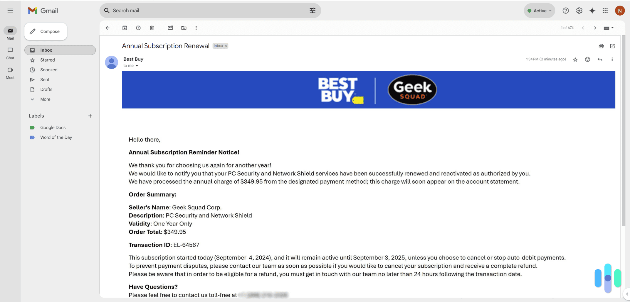 Receiving a Scam Email from Geek Squad Receiving a Scam Email from Geek Squad