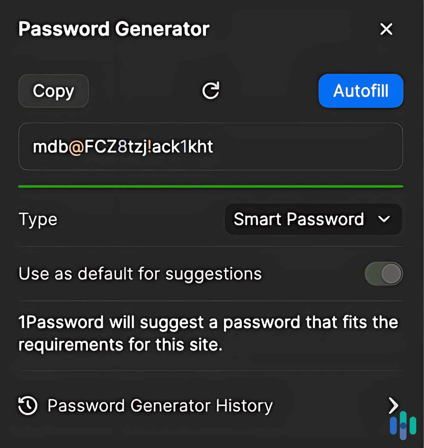 1Password’s Password Generator choosing the best password for the website we’re on. 1Password’s Password Generator choosing the best password for the website we’re on.