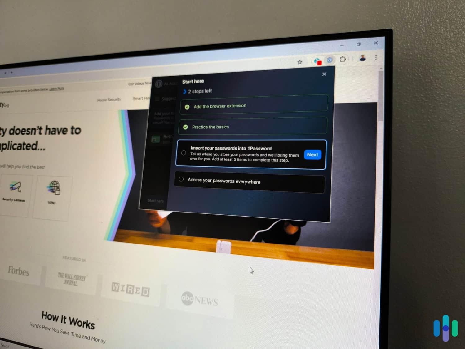 1Password’s tutorial screen from the tiny Chrome extension window. 1Password's tutorial screen from the tiny Chrome extension window.