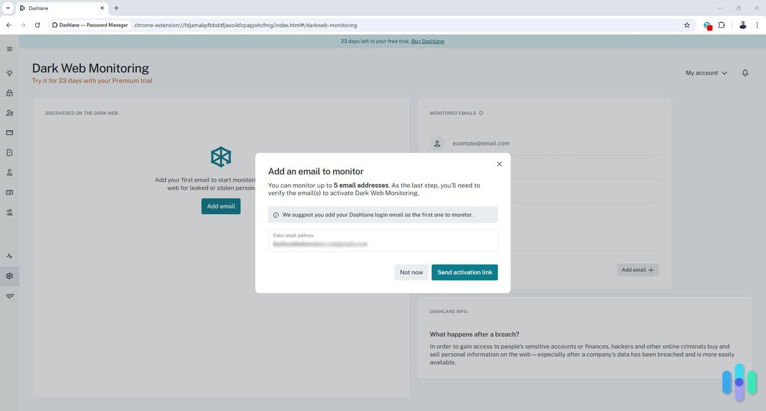 A look at Dashlane’s dark web monitoring feature. A look at Dashlane’s dark web monitoring feature.