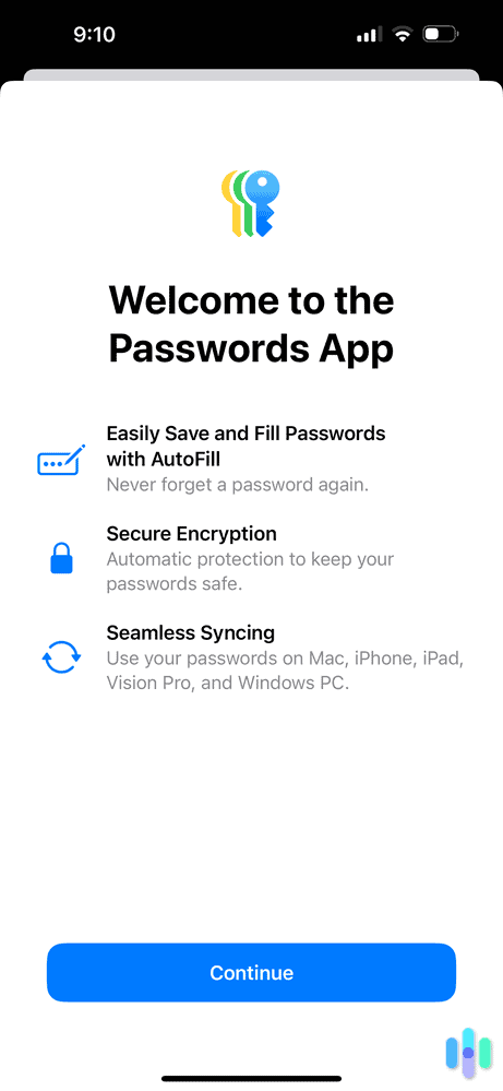 The Passwords app automatically synced our saved passwords. The Passwords app automatically synced our saved passwords.