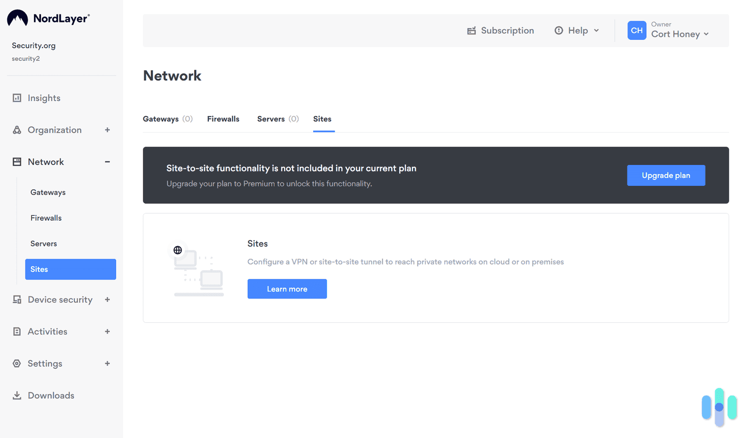 We found NordLayer’s remote access capabilities under the network section in the dashboard. We found NordLayer’s remote access capabilities under the network section in the dashboard.