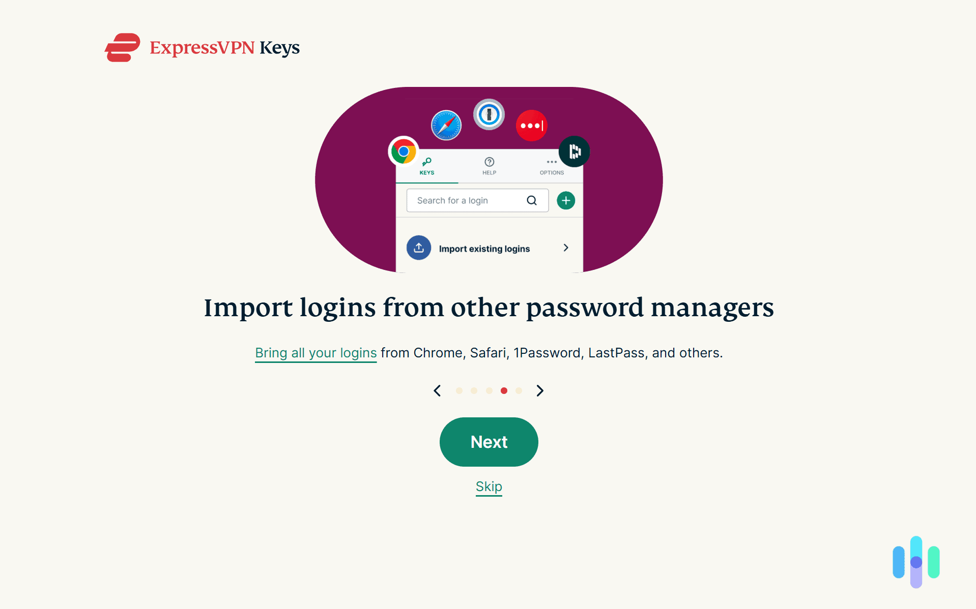 ExpressVPN Keys let us import our login information from popular password managers. ExpressVPN Keys let us import our login information from popular password managers.