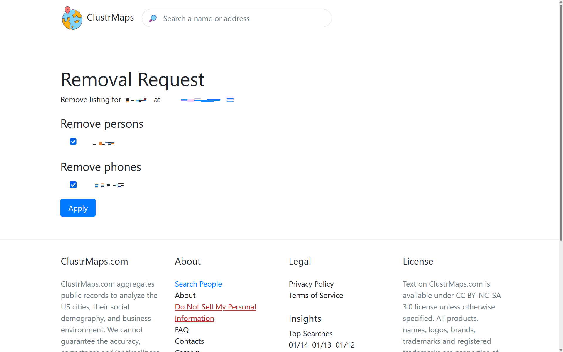Make sure to check all boxes to remove all of CustrMaps’ information associated with your name and address. Make sure to check all boxes to remove all of CustrMaps’ information associated with your name and address.