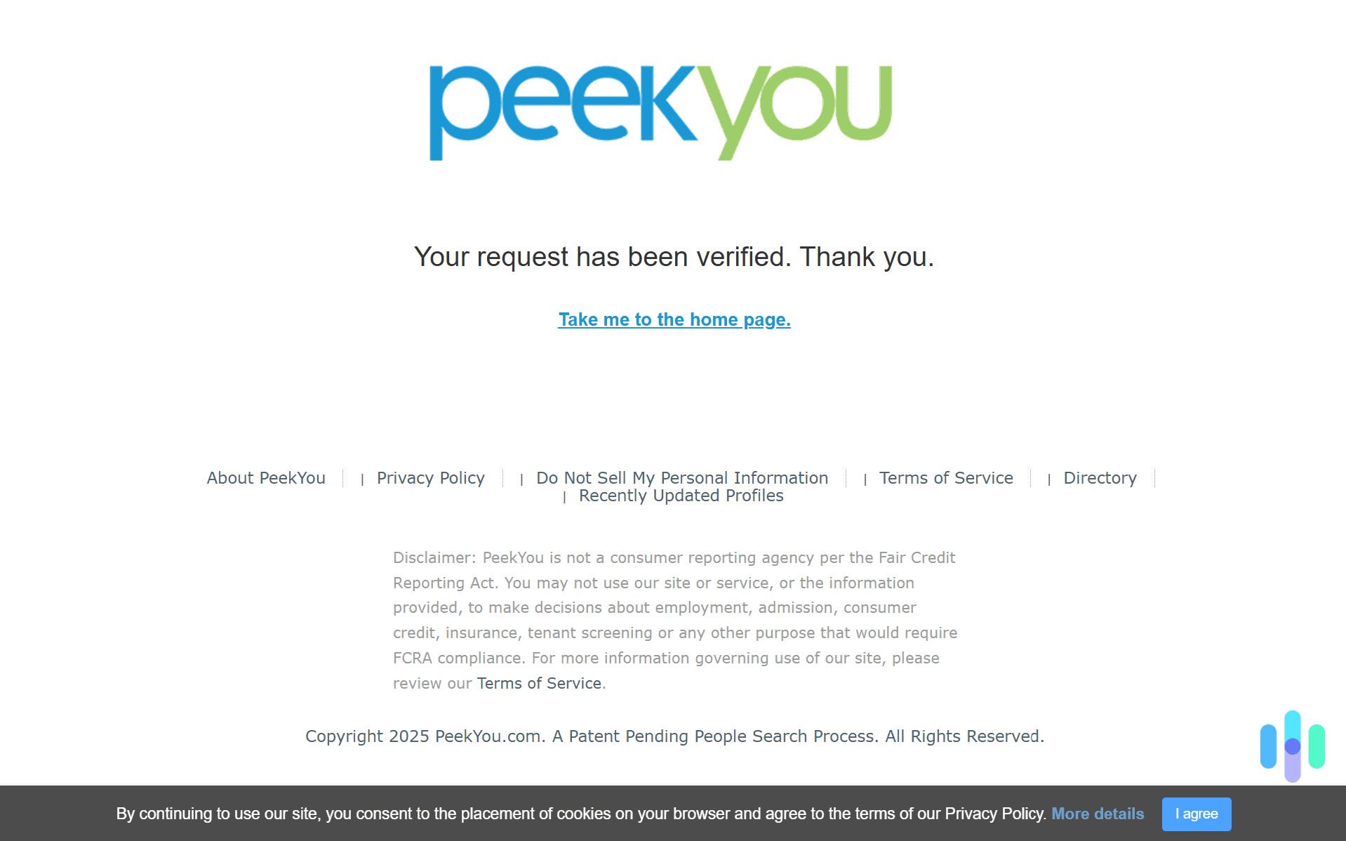 Once verified, PeekYou will remove all the information associated with the profile you opted out. Once verified, PeekYou will remove all the information associated with the profile you opted out.