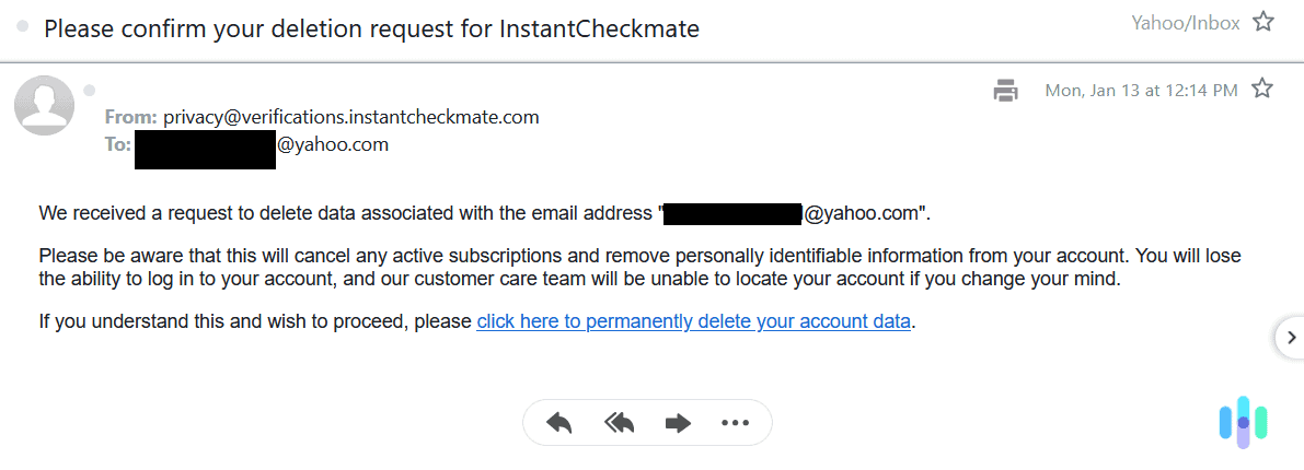 The final step in the deletion process is clicking a link in the confirmation email The final step in the deletion process is clicking a link in the confirmation email