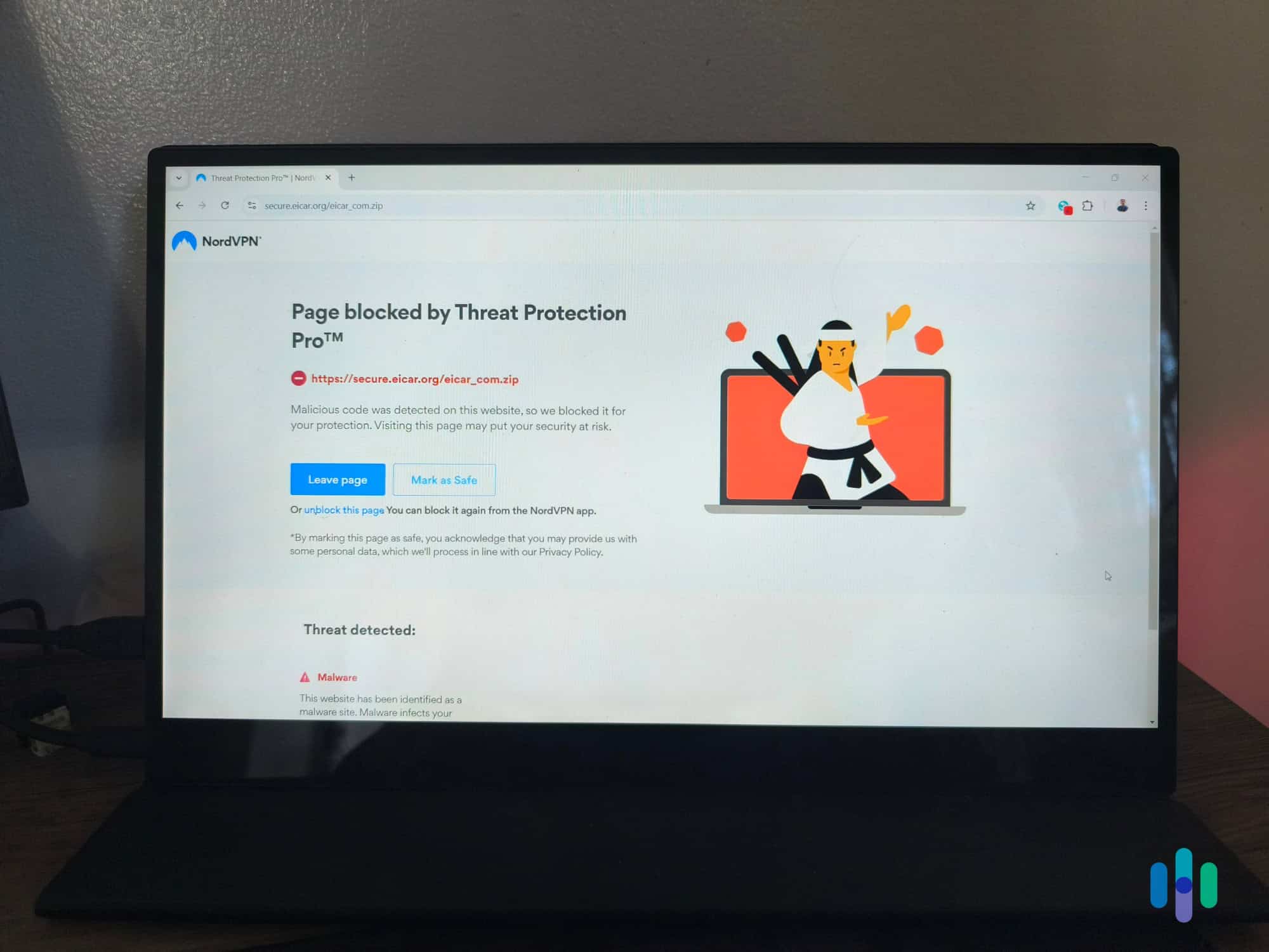 NordVPN’s Threat Protection Pro stopped us when we tried to download a malware test file we use to test antivirus software NordVPN’s Threat Protection Pro stopped us when we tried to download a malware test file we use to test antivirus software