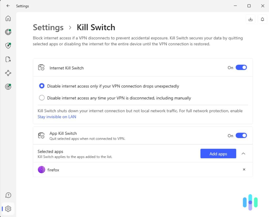 We recommend customizing the kill switch rules to your liking in NordVPN’s Settings menu. We recommend customizing the kill switch rules to your liking in NordVPN’s “Settings” menu