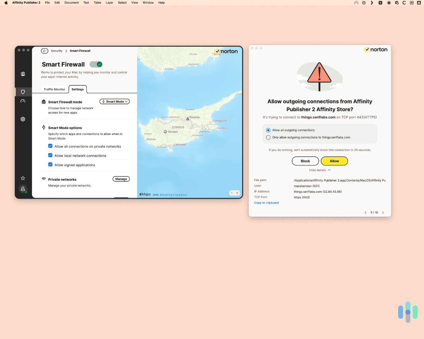 Norton’s “Smart Firewall” checking an outbound request it wasn’t sure about. Norton's “Smart Firewall” checking an outbound request it wasn't sure about.