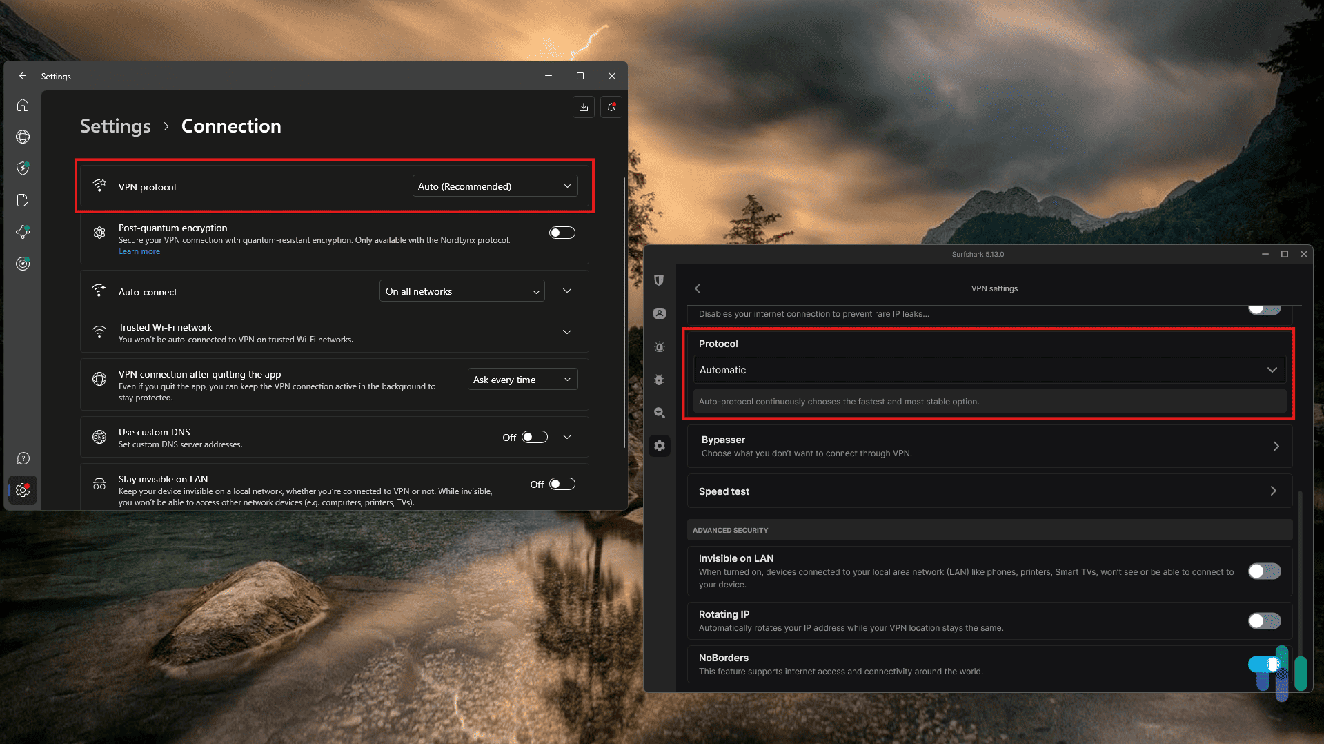 NordVPN (left) and Surfshark (right) both select the encryption and VPN protocol automatically by default NordVPN (left) and Surfshark (right) both select the encryption and VPN protocol automatically by default