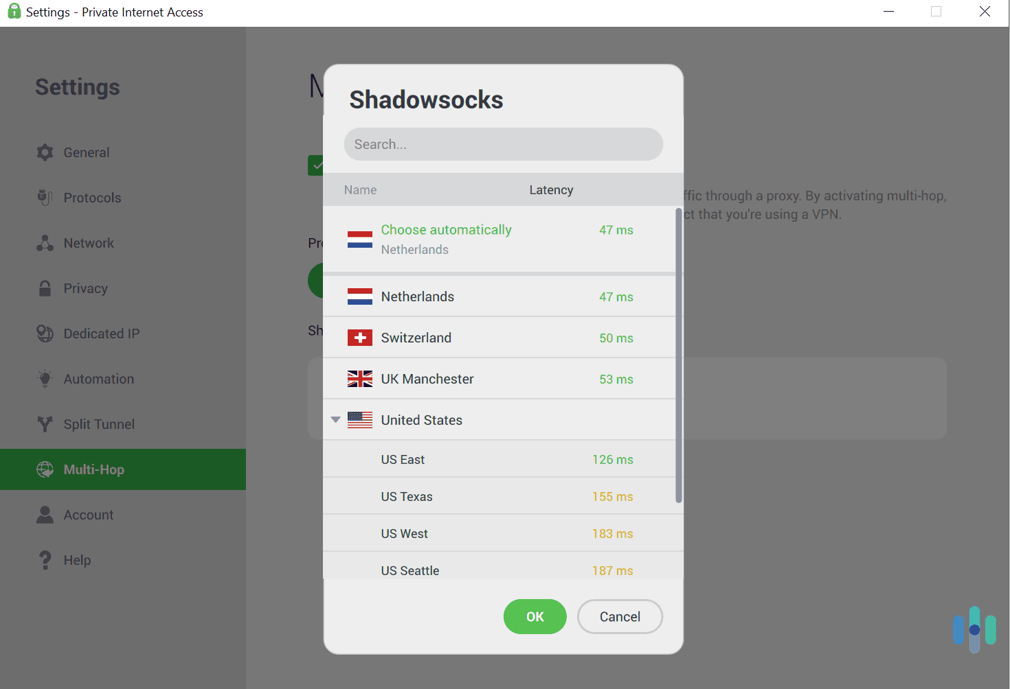 PIA obfuscated VPN traffic via the encrypted Shadowsocks proxy.