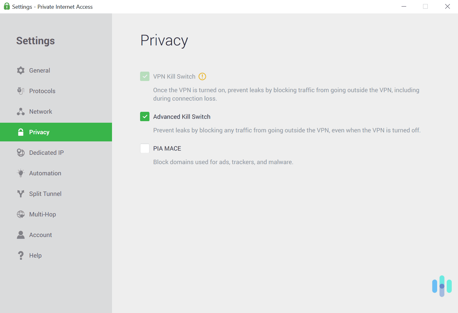 PIA provides built-in access to a standard system kill switch, as well as a more aggressive kill switch option.