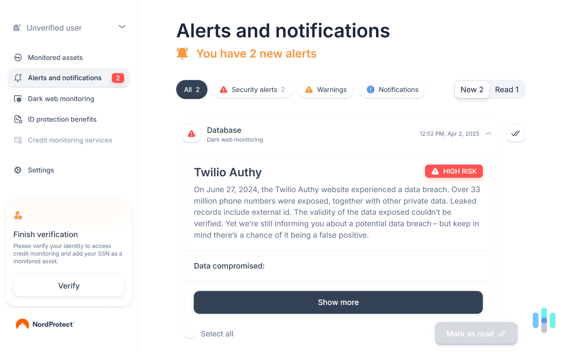 Most dark web monitoring services we’ve tested miss this leak of our email address that NordProtect found.