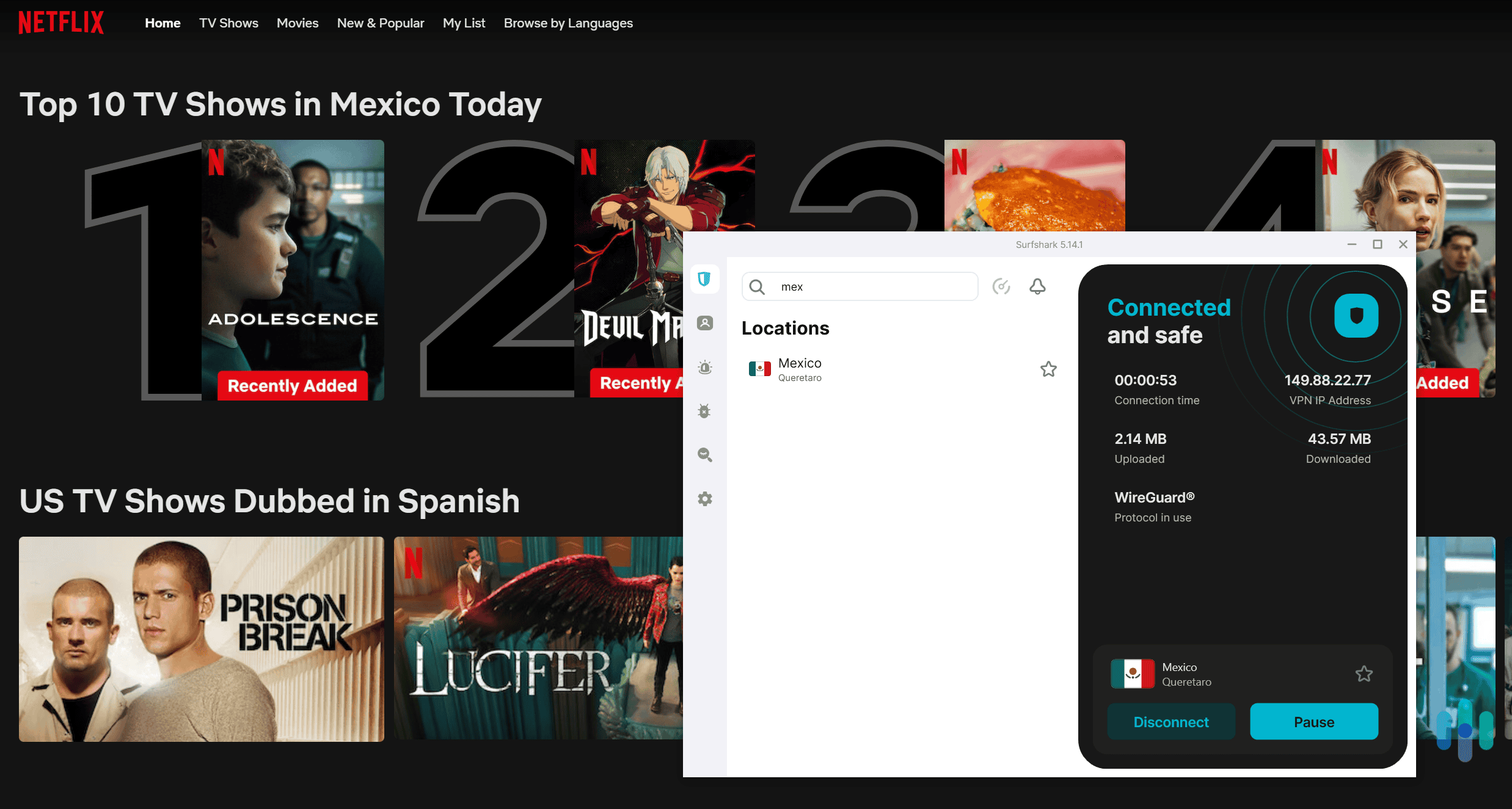 We found that Surfshark is compatible with Netflix Mexico, as well as other popular streaming services. We found that Surfshark is compatible with Netflix Mexico, as well as other popular streaming services.