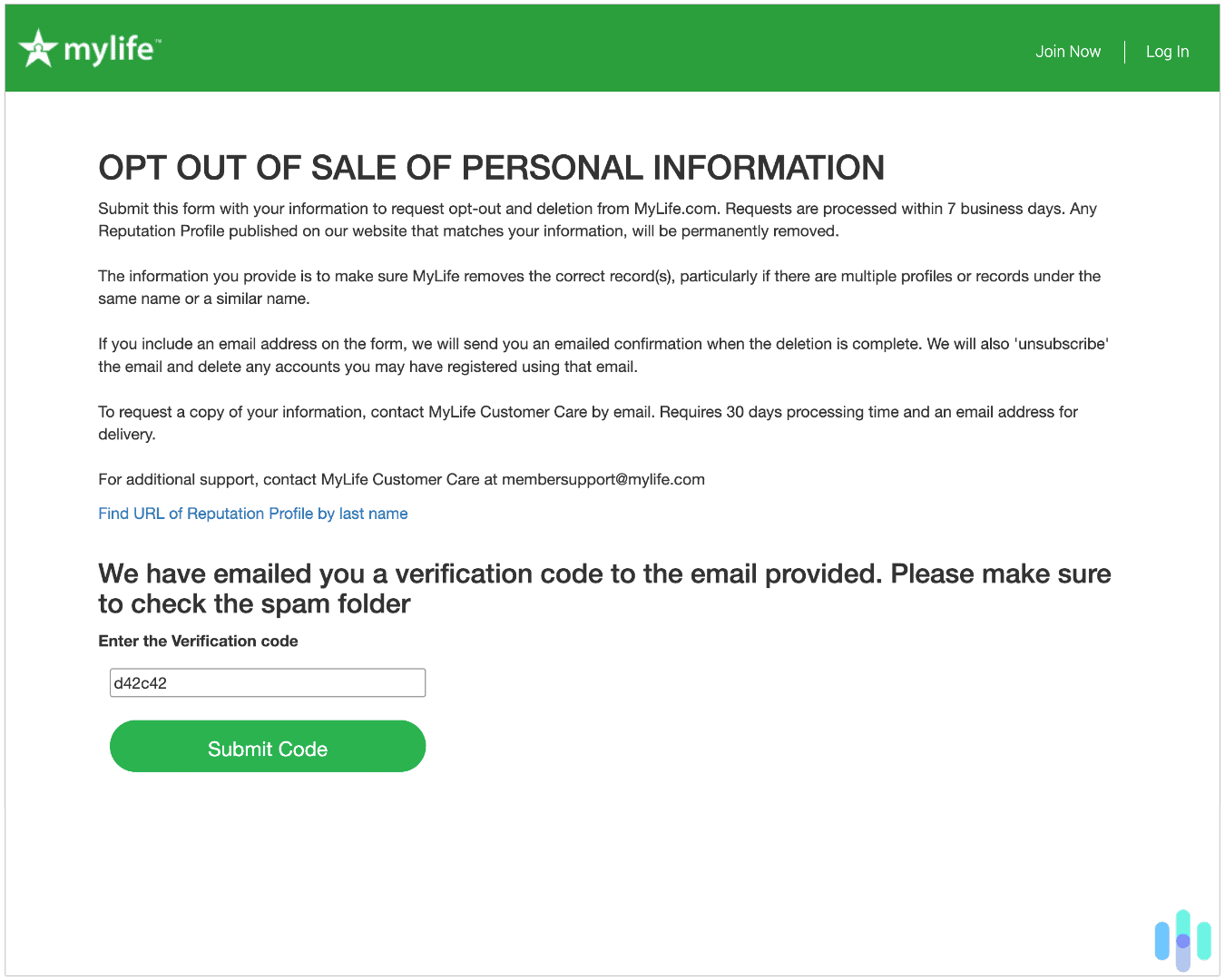 Entering the email verification code MyLife sent us to complete the process