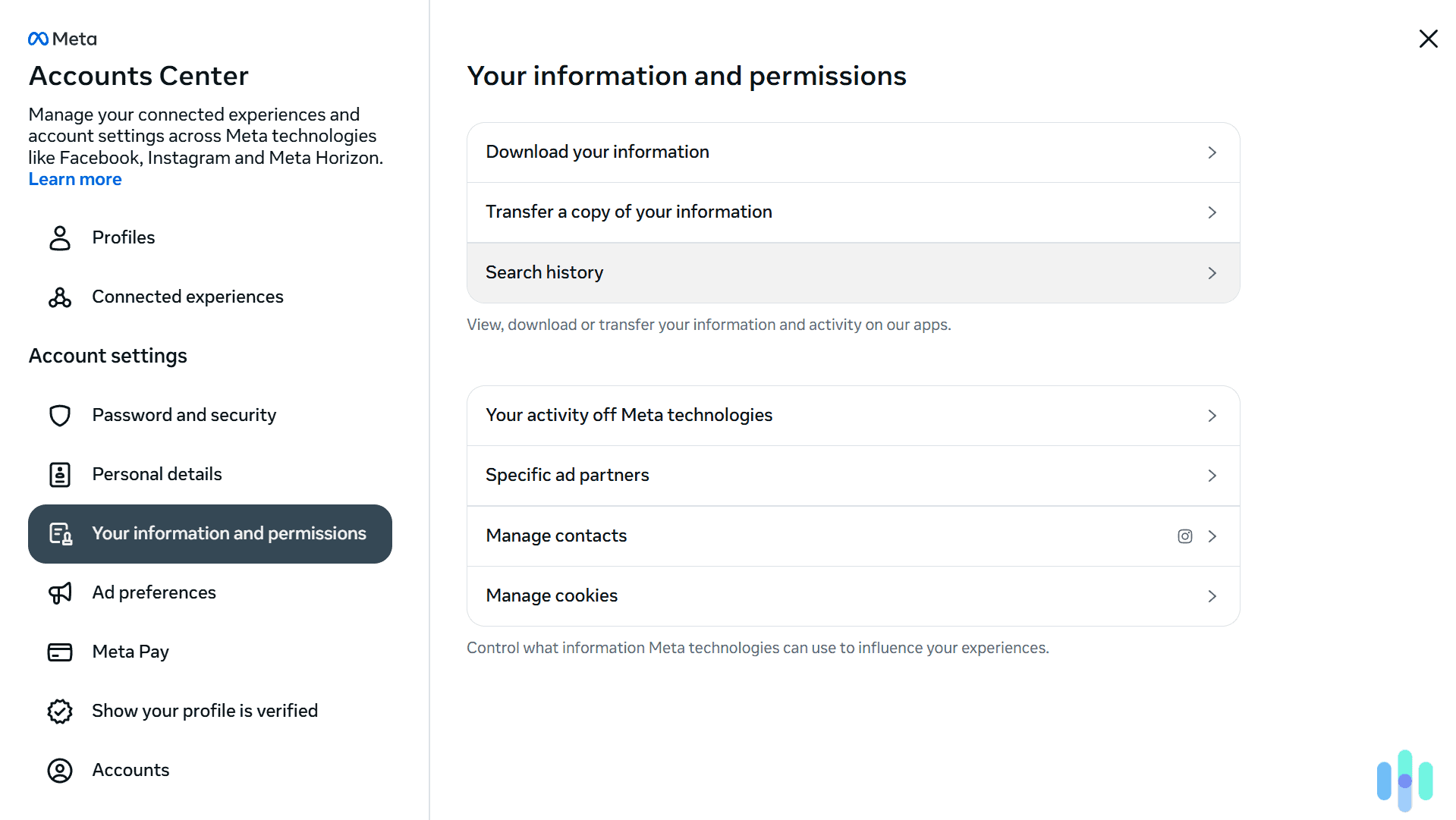 Access your account’s search history. Access your account's search history.