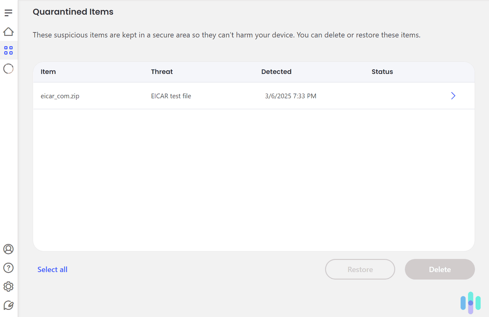 McAfee quickly found and quarantined malware test files.