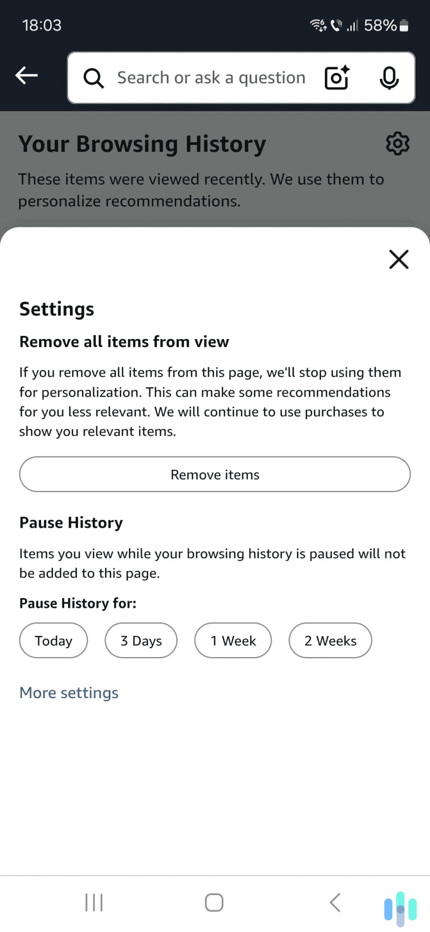 Select your desired time range to pause your Amazon browsing history. Select your desired time range to pause your Amazon browsing history.