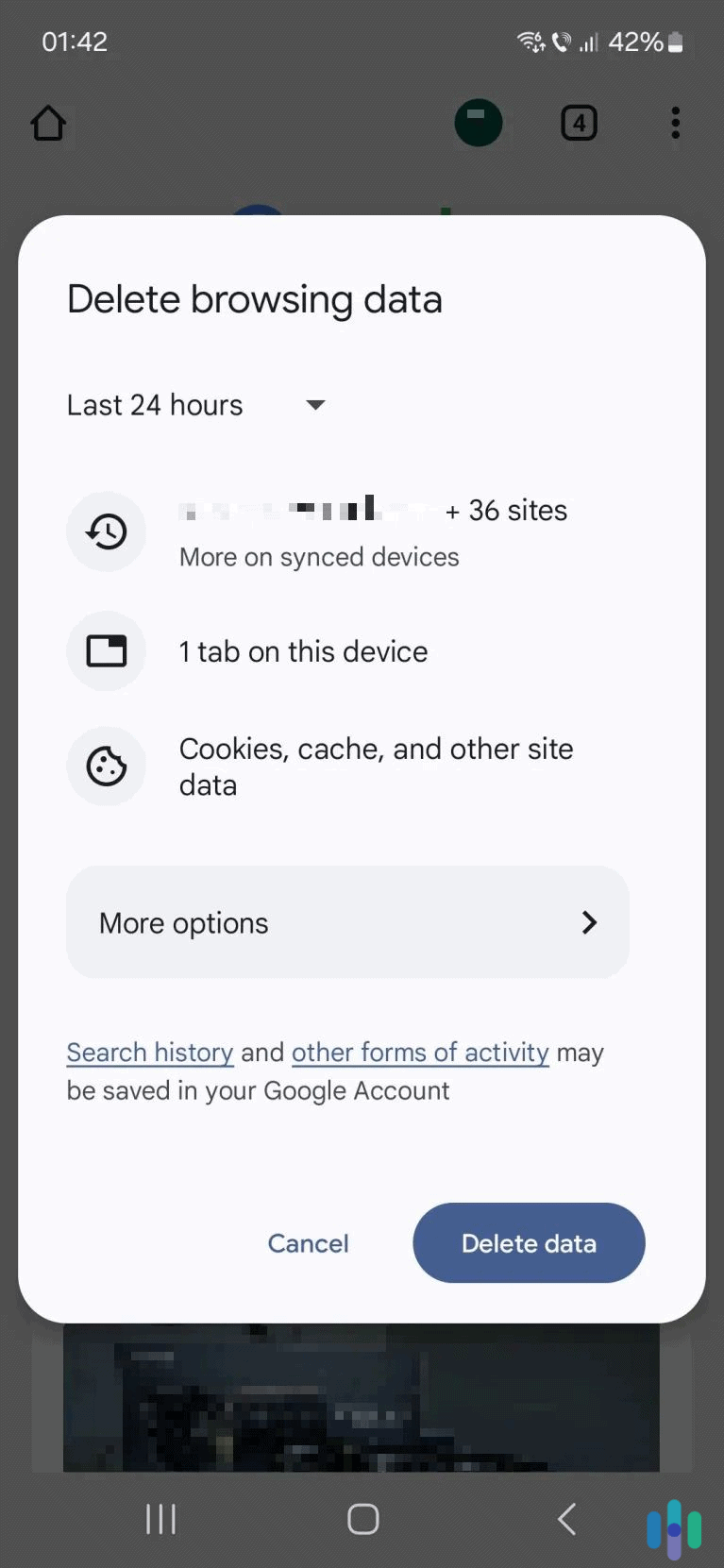 Tap the blue button to start removing your browsing data. Tap the blue button to start removing your browsing data.