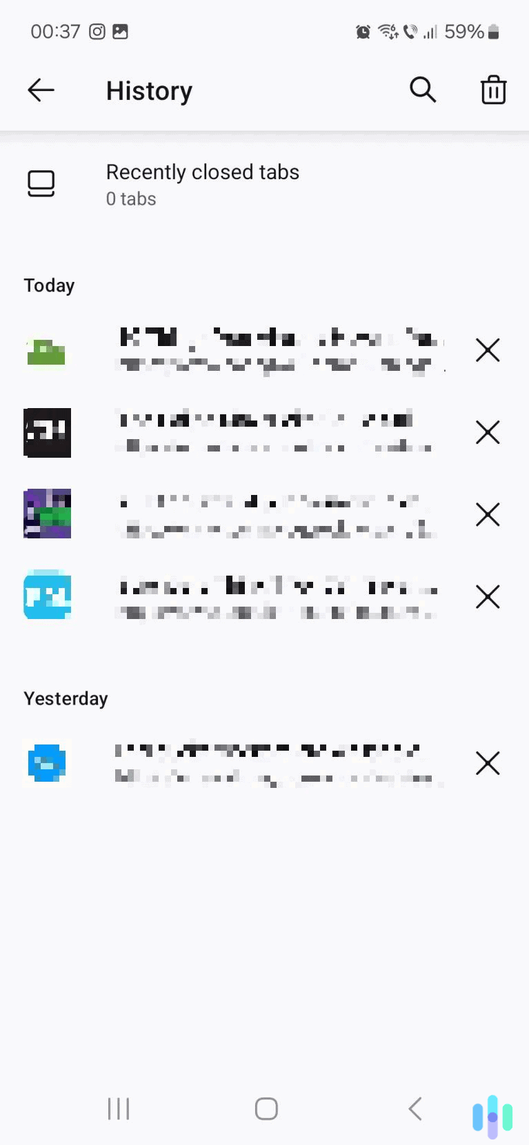 Tap the trash can icon to start clearing your history. Tap the trash can icon to start clearing your history.