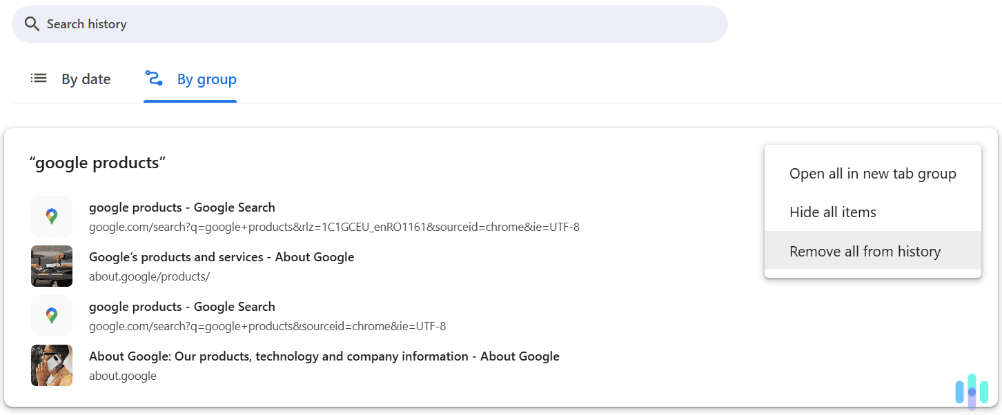 This option will remove all Chrome history entries linked to one specific group. This option will remove all Chrome history entries linked to one specific group.