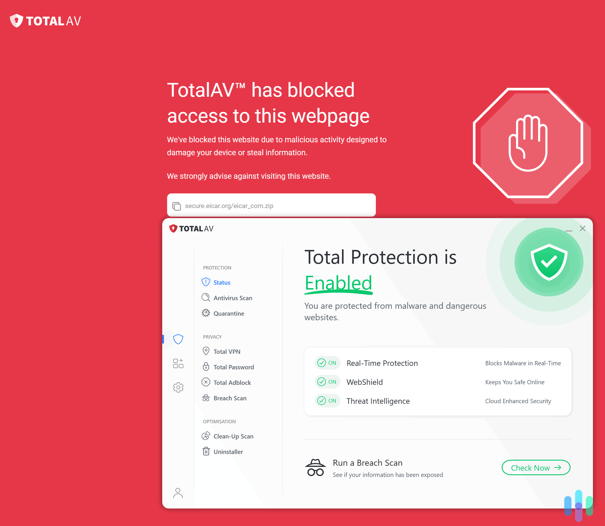 TotalAV successfully blocked a website with malicious activities.