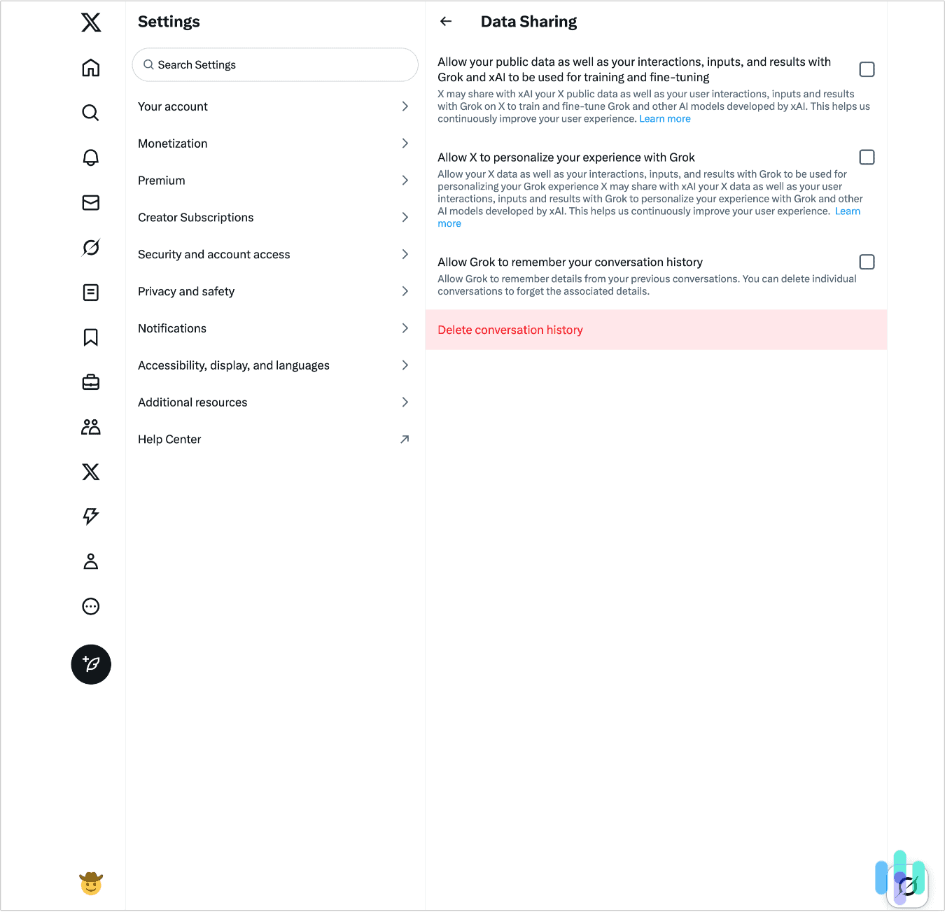 We opted out of X’s AI chatbot Grok in our data sharing settings 