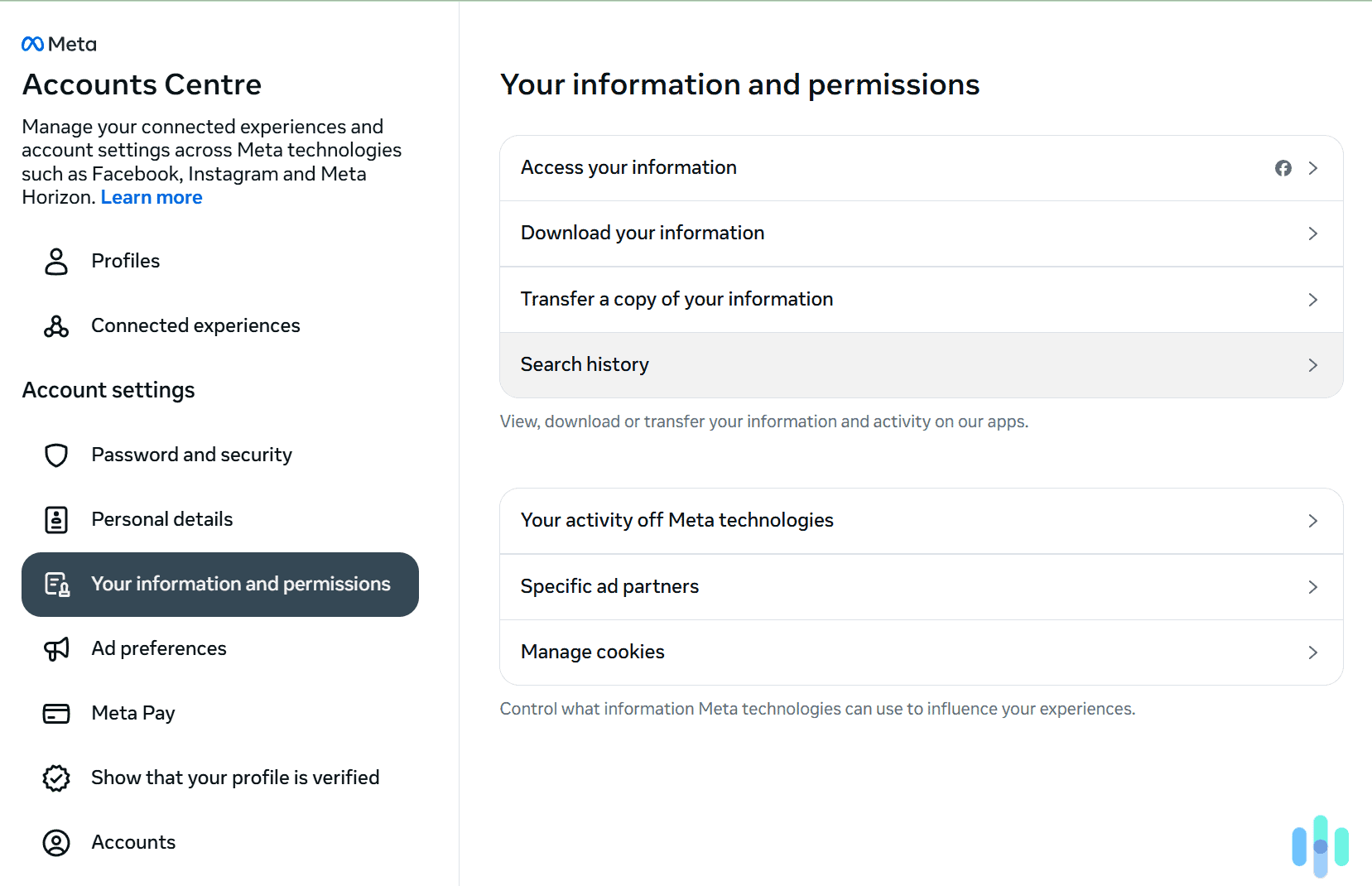 Access your search history settings. Access your search history settings.