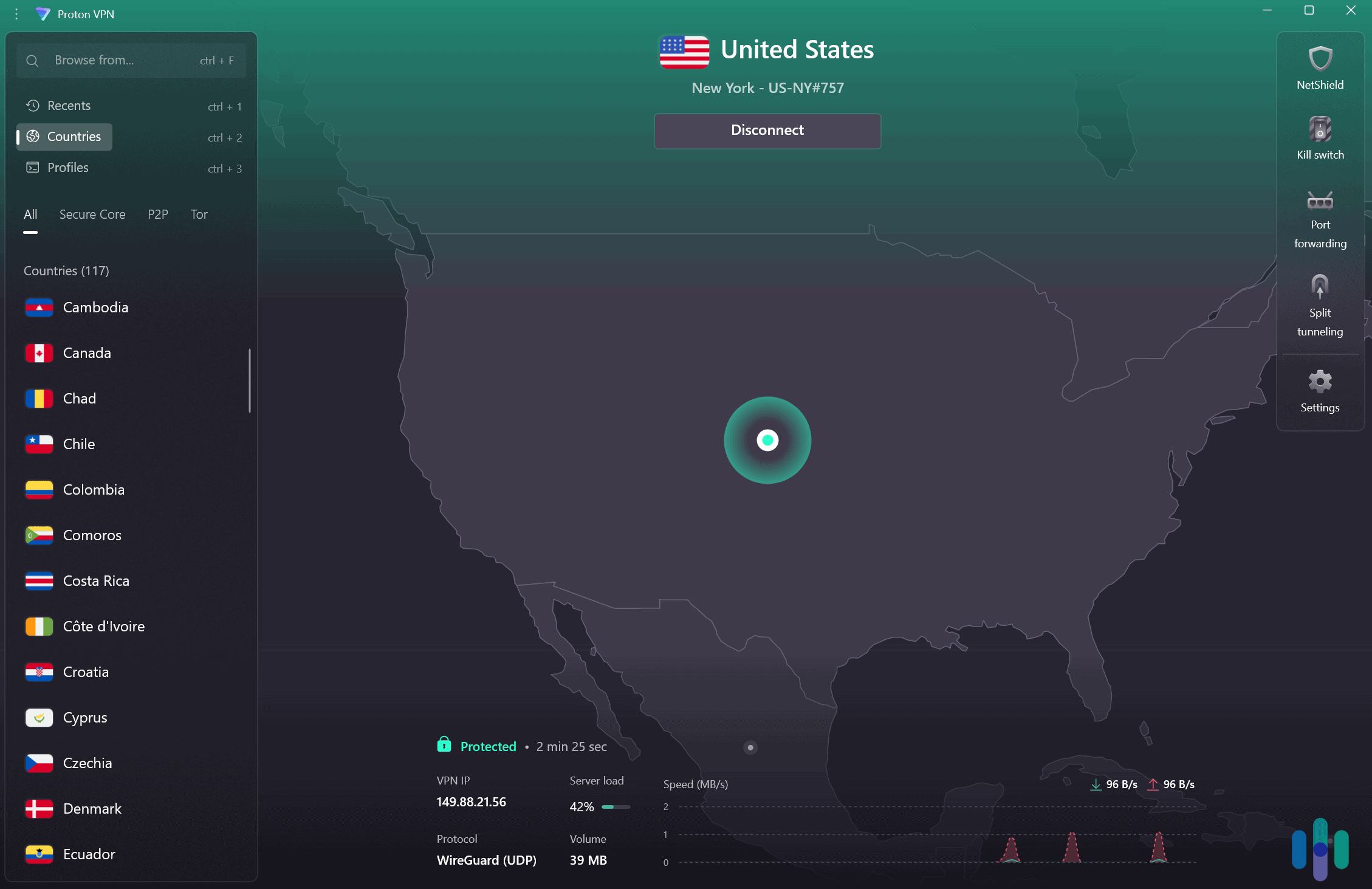 Proton VPN has a huge server network, numbering locations across 117 countries. Proton VPN has a huge server network, numbering locations across 117 countries.