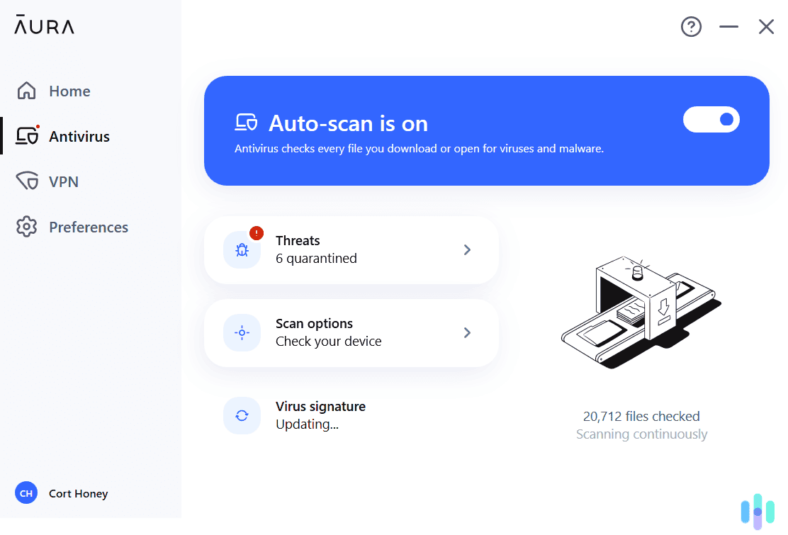 After scanning over 20,000 files, Aura Antivirus found six potentially malicious files on our laptop