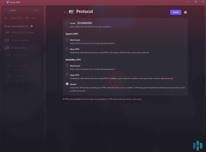 Proton VPN's Stealth protocol is designed to bypass censorship.